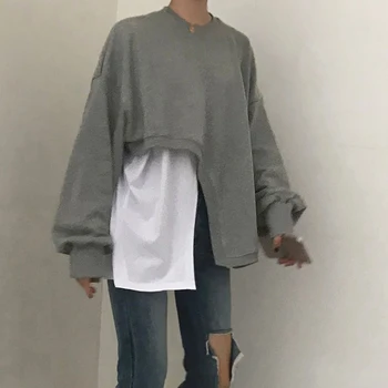 

2019 Early Spring New Chic Shirt Lazy Wind Stitching Round Neck Lantern Sleeves Gray Hooded Women's Simple Versatile Pullovers