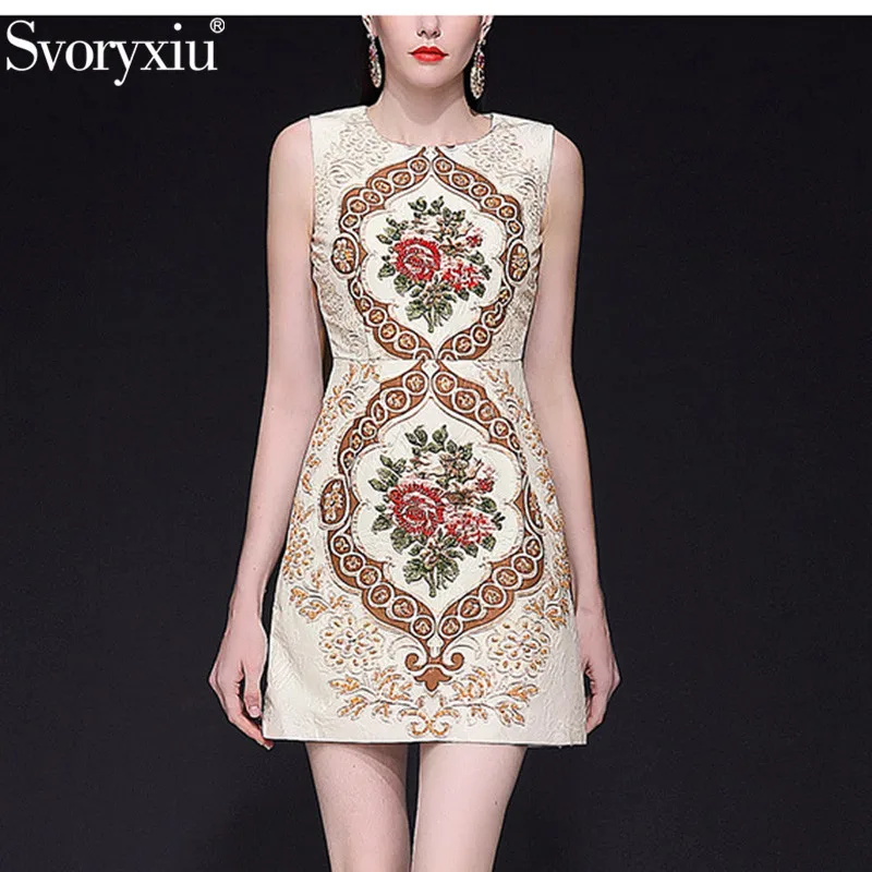 

Svoryxiu Fashion Runway Summer A Line Tank Dress Women's High Quality Beading Vintage Flower Print Jacquard Party Short Dresses
