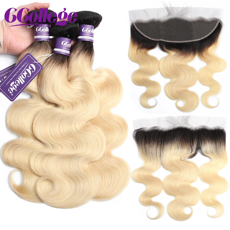 1B 613 Bundles with Frontal Brazilian Body Wave Remy Human Hair Extensions Dark Roots Honey Blonde Bundles With Closure Frontal