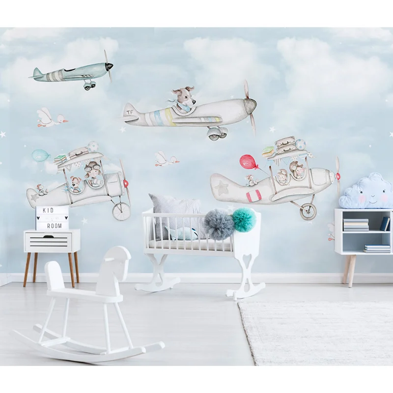 Настенные обои для детской комнаты Мультяшные животные самолет фотообои 3D