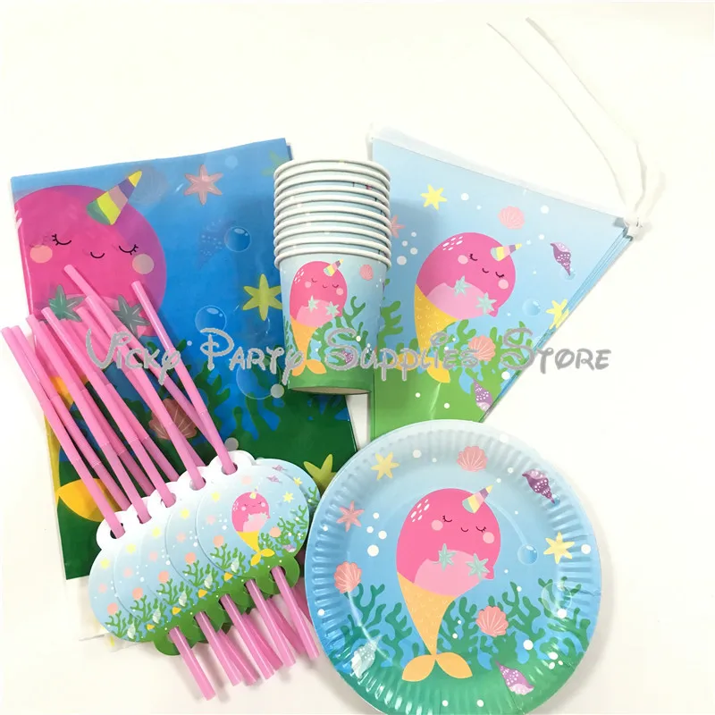 

41pcs/lot Cartoon Baby Pink Shark Whale Girl Disposable Tableware Birthday Baby Shower Plate Cup Party Decoration Supplies