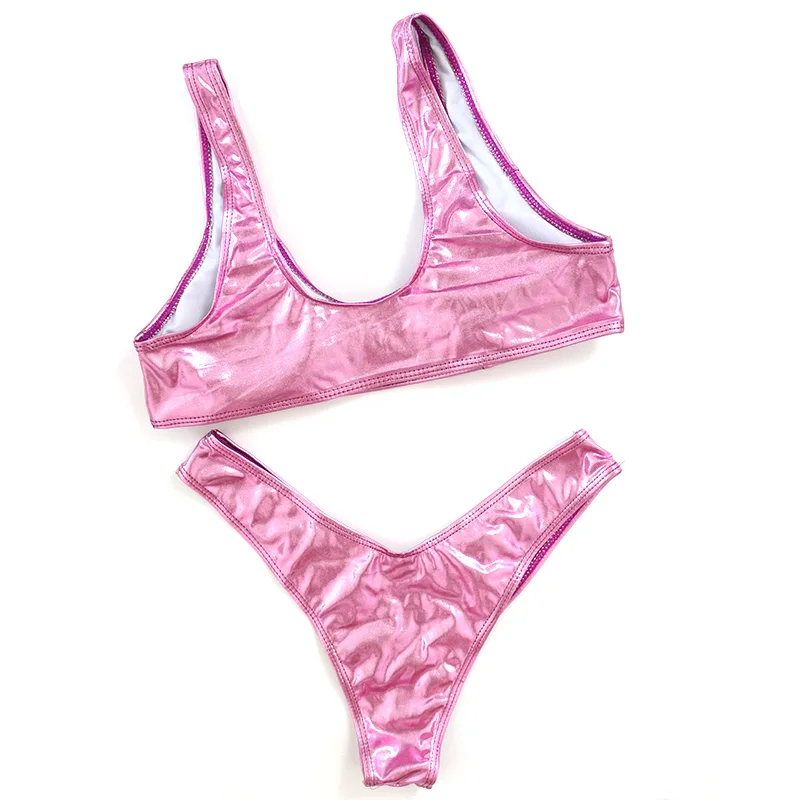 Сексуальный светоотражающий Блестящий розовый/золотистый/серебристый металлик с овальным вырезом бикини с высоким вырезом купальный костюм купальник женский бразильский комплект бикини