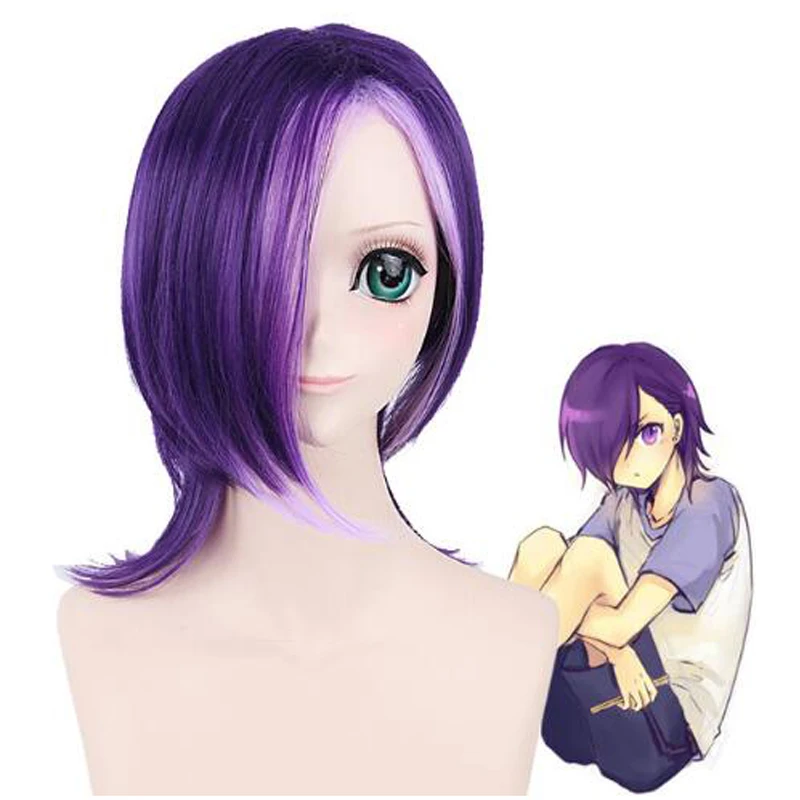 

Anime Hataraku Maou Sama! Lucifer Urushihara Hanzo Purple Mix Short Wig Cosplay Costume Wigs + Wig Cap