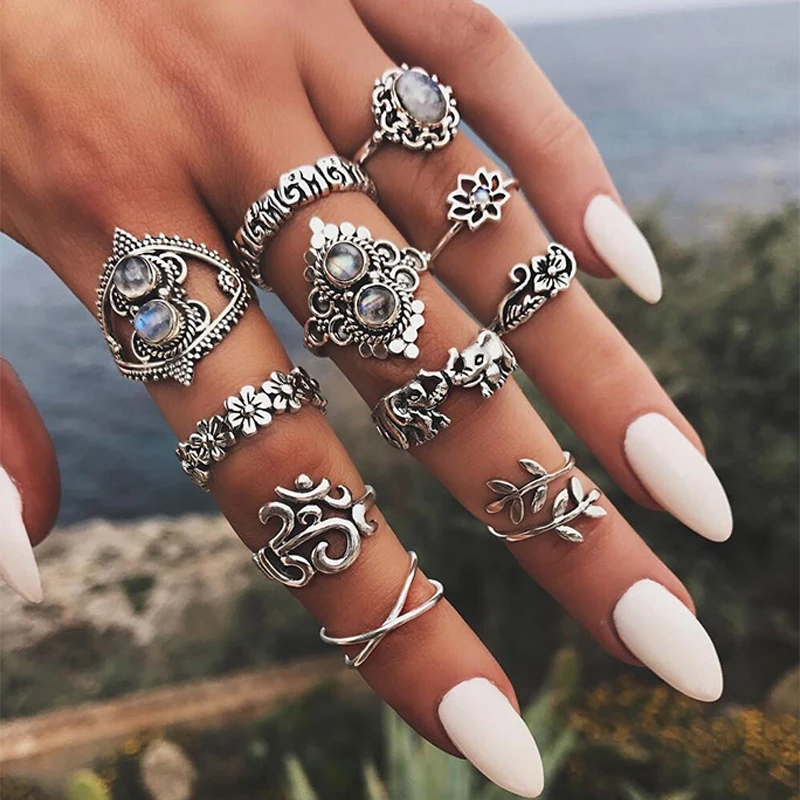 

11 Pcs/set Women Bohemian Retro Elephant Flower Leaves Cross Exaggerated Gem Silver Ring Set Wedding Party Jewelry Accessories