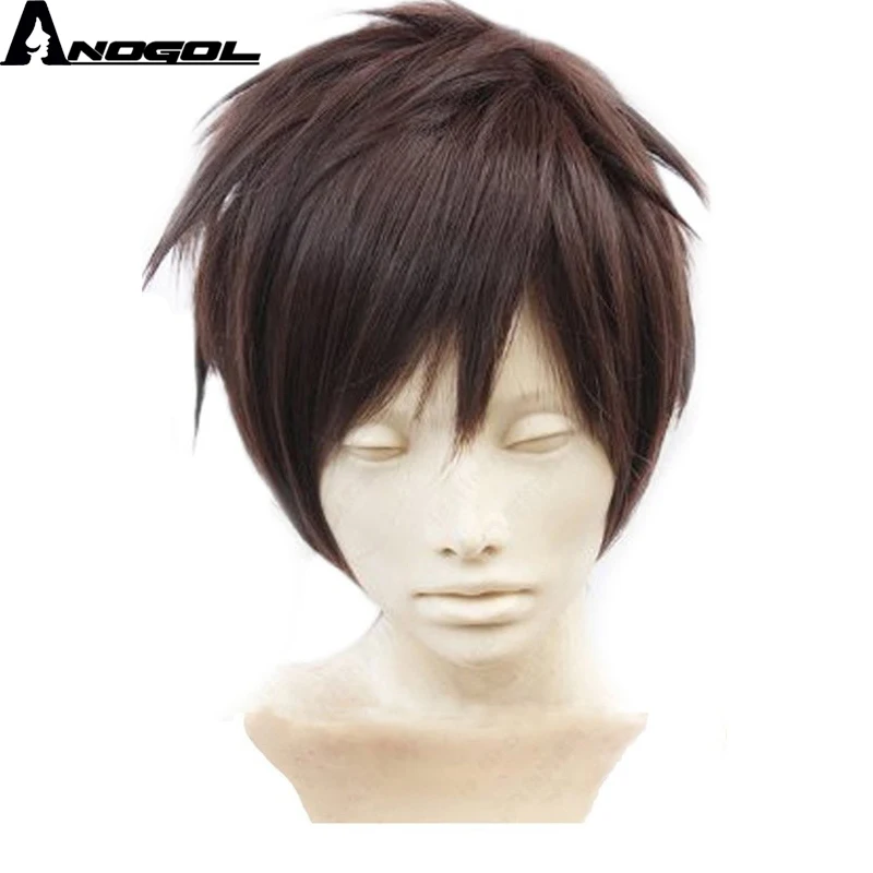 

Anogol High Temperature Fiber Attack On Short Titan Eren Jaeger Straight Dark Brown Synthetic Cosplay Wig For Halloween Costume