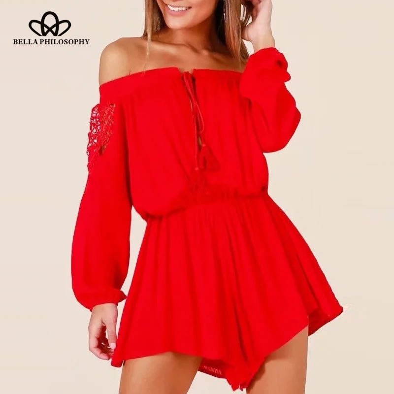 Wonder 2018 new spring summer women sexy solid playsuits straight ladies lace up rompers hollow out female slash neck playsuits