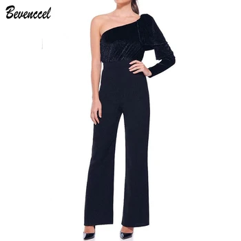 

2020 New Chic Black Women Sexy Bodycon Jumpsuit One Shoulder Ruffles Elegant Celebrity Club Women Bandage Jumpsuit