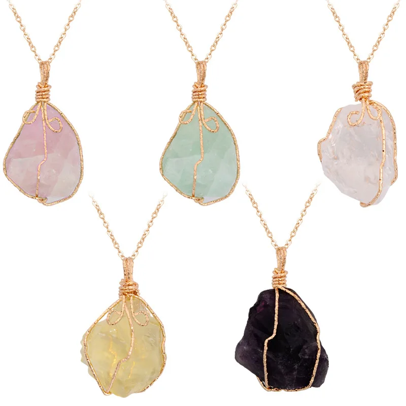 Fashion Irregular Wire Wrapped Crystal Chakra Rock Necklace Gold Color  Chain Quartz Pendant Necklace for Women Gifts 50cm