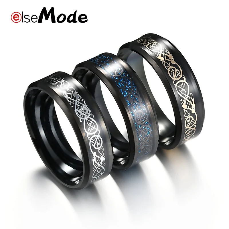 

ELSEMODE Black Dragon Inlay 316L Stainless Steel Ring Blue Gold Color For Punk Men Women Wedding Bands Gift Jewelry