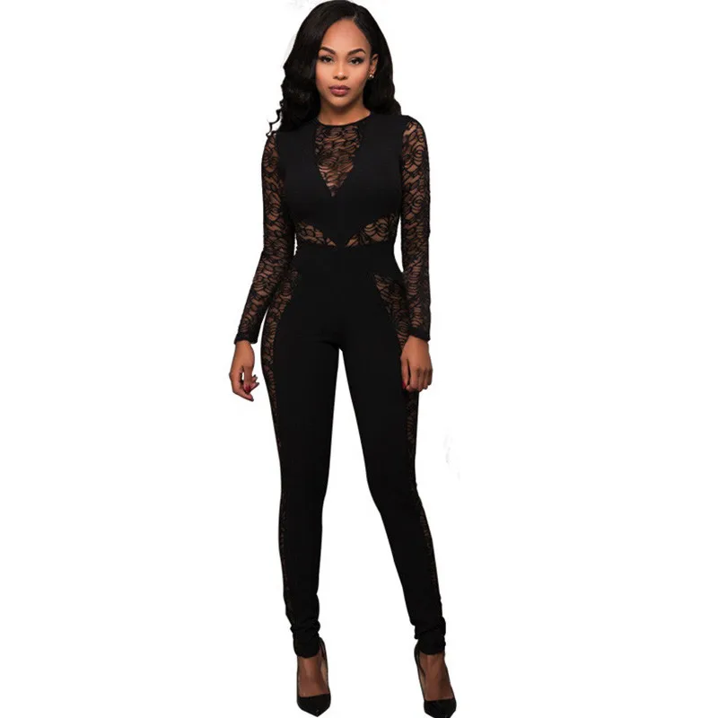 

Women Long Sleeve Floral Lace Jumpsuit Sexy Mesh Sheer Patchwork Zipper Bodycon Romper Night Club Party Overalls Female Outfits