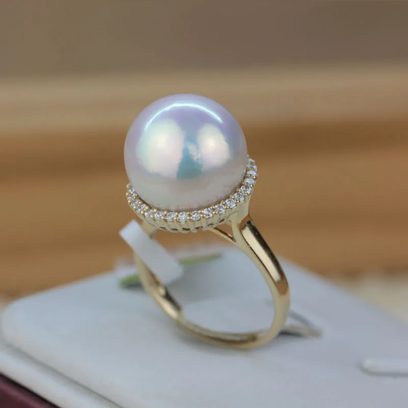 

wedding Women Gift word 925 Sterling silver real Orphan Edison pearl ring 13.6mm large Aurora pearl ring round domineering