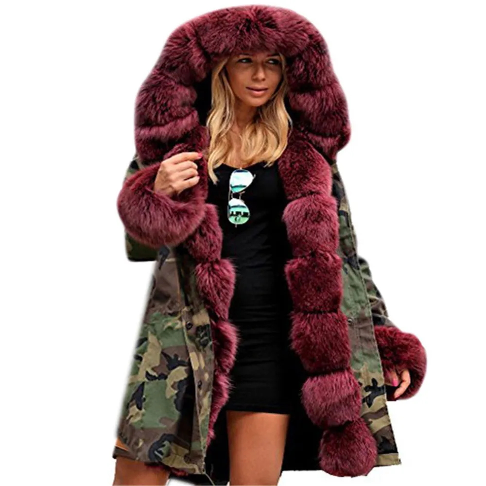 Newly Womens Faux Fur Winter Jacket Parka Hooded Coat Fishtail Overcoat Oversize Long Sleeves Coats Dropship Nov.2 - Цвет: Wine