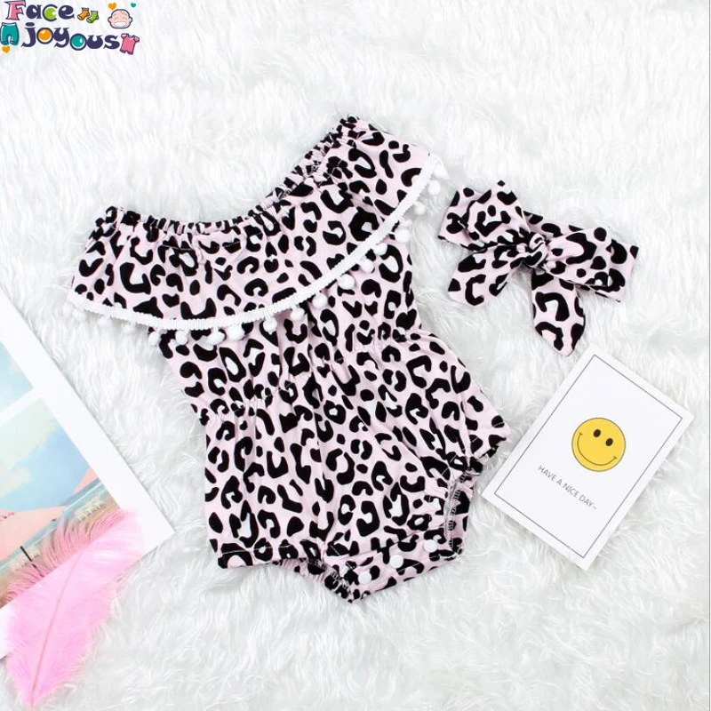 

Facejoyous Summer Baby Girls Sleeveless Romper And Leopard Bow Hair Band 2 Pieces Suit Girl Cotton O- Neck Rompers Kids Clothes