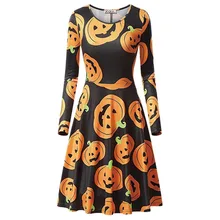 Women Fashion Beach Dress Halloween Personlity Dress Long Sleeve Round Collar Cartoon Printed Party Dresses stylish chainmail round collar long sleeve sheath dress for women