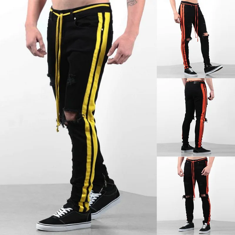 

New Jeans Men Autumn Denim Pencil Pants Plus Size Casual Vintage Stretch Trousers 2019 Sexy Holes Ripped Male drawstring Jeans