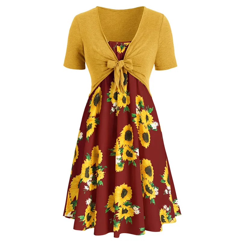 New Women Summer Sexy Short Sleeve Bow Knot Bandage Top Sunflower Print Mini Dress Suits Bohemian Casual Beach Dress #4A30 (1)