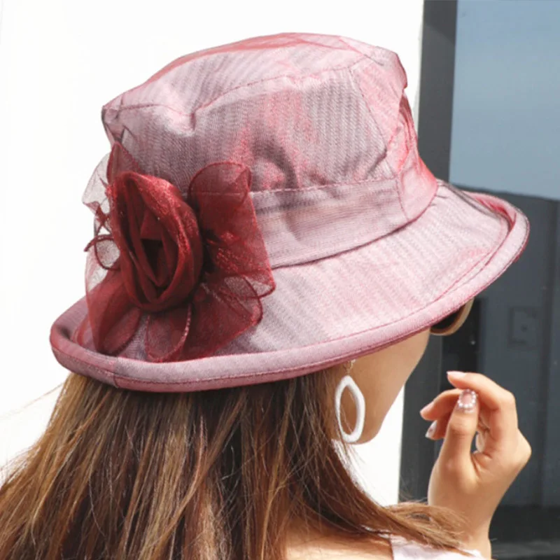 Органза хлопок цветок летние женские шляпы от солнца Женская Повседневная пляжная шляпа взрослый складной красный солнцезащитный козырек Женская пляжная Панама - Цвет: wine red