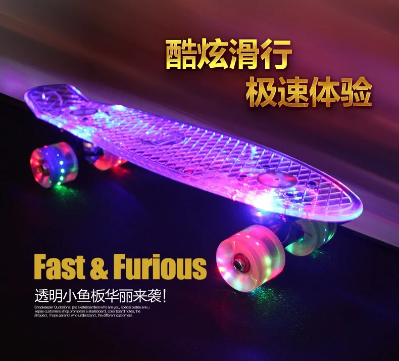 Новый 22 "Прозрачный Банан скейтборды с светодиодный свет single Rocker longboard палубы и колеса все мигает ABEC-9 скейтборд