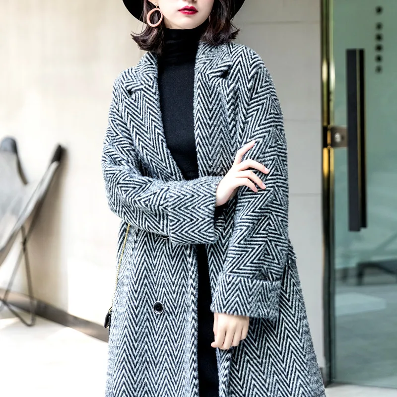 

KMETRAM 2019 Autumn Winter Jacket Women Woolen Coat Female Jacket Striped Long Coats and Jackets Women Korean Veste Femme MY2291