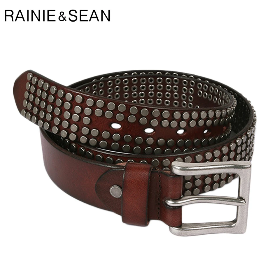 US $30.80 Rainie Sean Mens Pin Buckle Belt Leather Rivet Belts Male Punk High Quality Real Cow Leather Fashion Square Belt Jeans