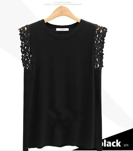 Летняя женская рубашка, топ без рукавов с круглым вырезом, хлопковые футболки, топы, женская одежда, кружевная Лоскутная серая футболка размера плюс 4XL T81236A - Цвет: Black