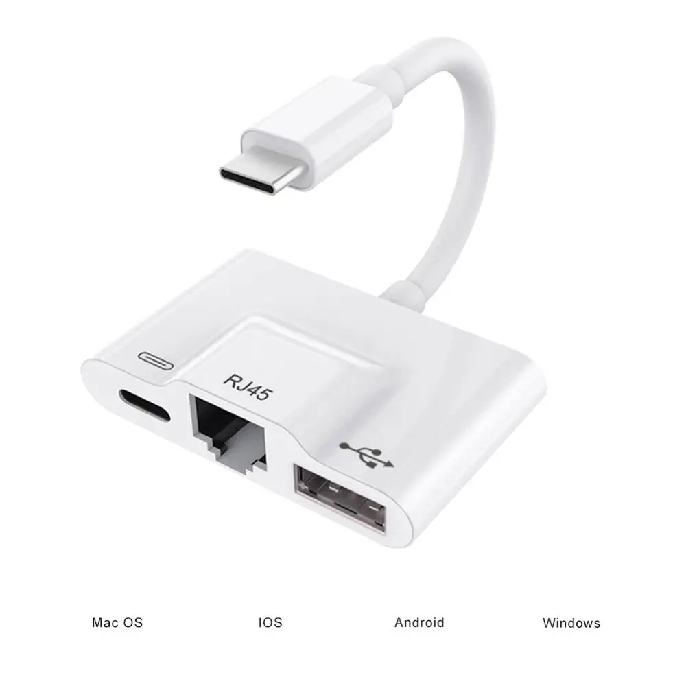 

3-in-1 Type-C to USB 3.5mm USB-C Digital Audio Cable to RJ45 Converter Cable OTG Wired Ethernet LAN Netword Adapter Cord