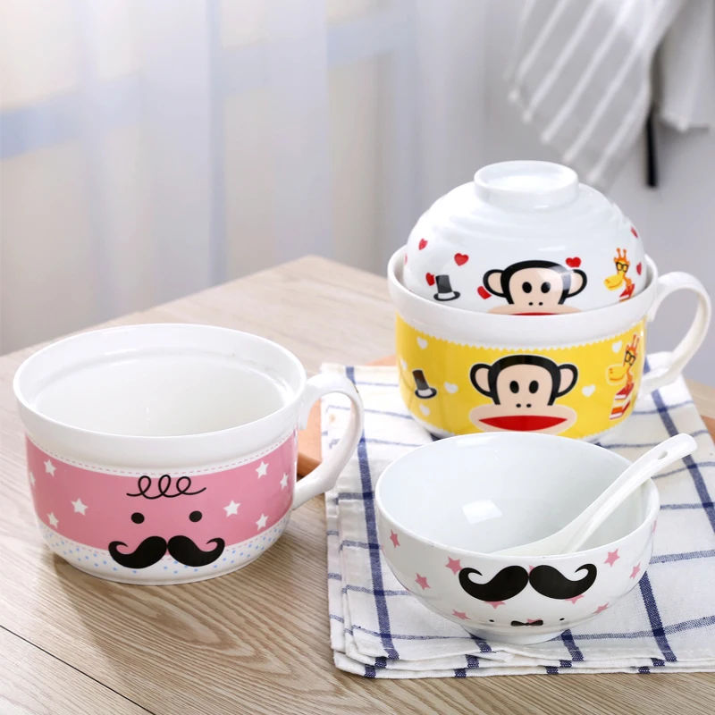 

Large Size Cute Cartoon Bowl Set of Instant Noodles Ceramic Bowl With Lids Spoon Chopsticks