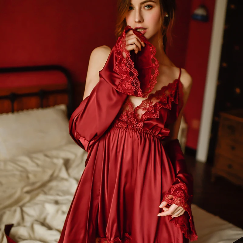 Women summer sleepwear thin nightdress suit ice silk robe suit Sexy Home Clothes Robe& Gown Sets