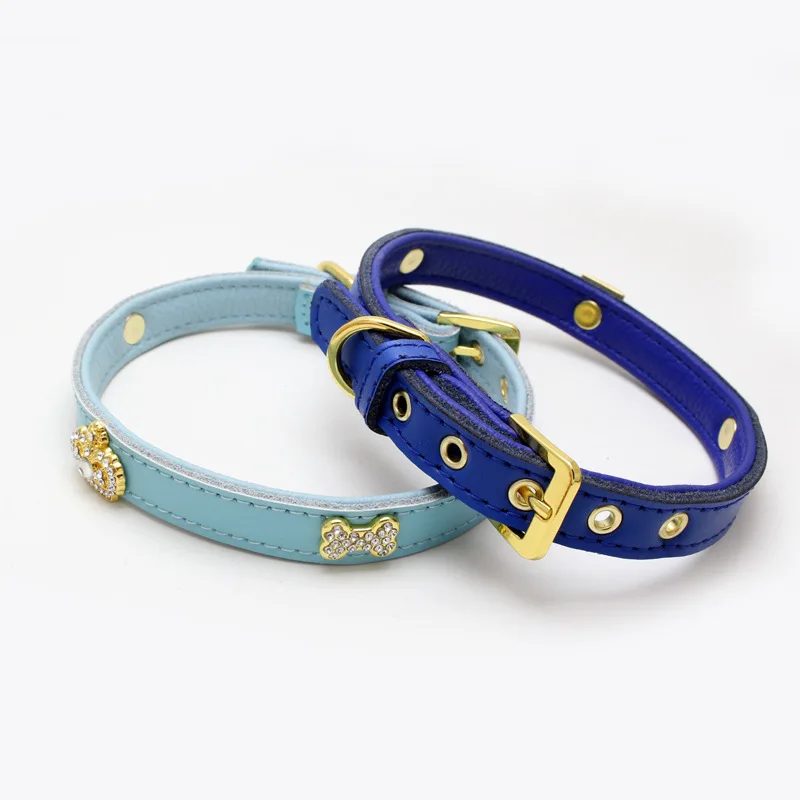 

New Designer Genuine Leather Soft Padded Small Dog Collar Pet Puppy Cat Perro Collars with Strong Buckle for Dogs 10E