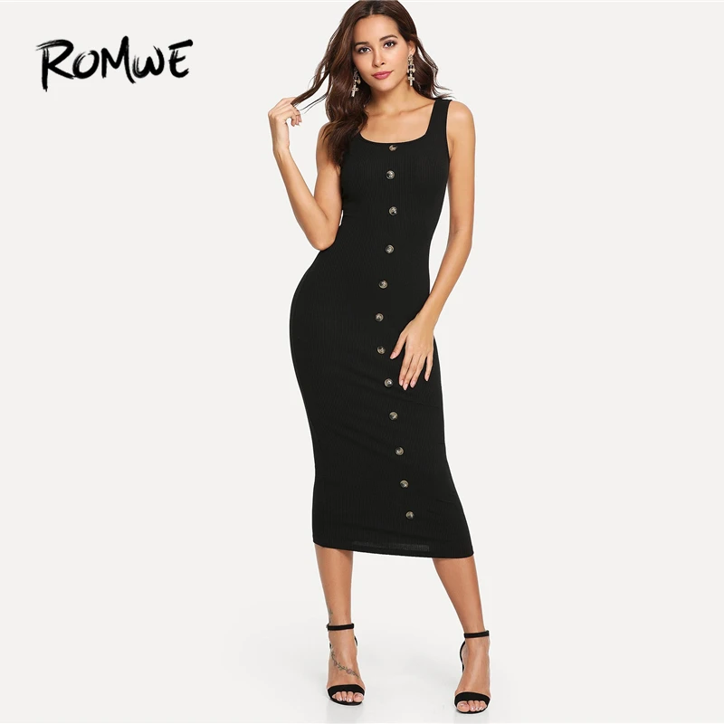 

ROMWE Button Front Rib Knit Pencil Dress 2019 Slutty Womens Sexy Square Neck Women Dress Chic Slim Sleeveless Sheath Dress