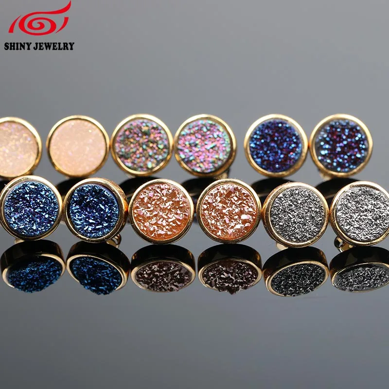Женские 10 мм кварцевые серьги-гвоздики Druzy, модные радужные круглые серьги-гвоздики из натурального Жеода Друза, ювелирные изделия из натурального камня
