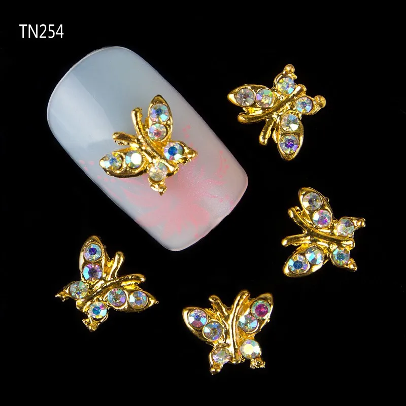 

Blueness 10Pcs Nail Glitter Gold Butterfly Rhinestones Decorations Alloy 3D Strass Nail Art Accessories DIY Tools Studs TN254