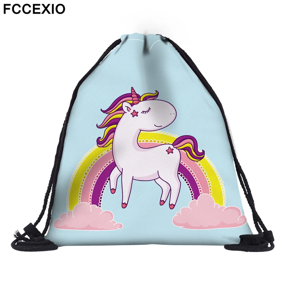 

FCCEXIO 16 Colors New Pink Rainbow Unicorn Backpack 3D Printed Travel Soft back Drawstring Bag School Feminina Girls Backpacks