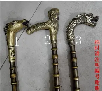 

brass Pure Copper Old Qing Ming Chinese longevity of dragon horse dove Bitten Birds Statue Cane Walking Stick Head