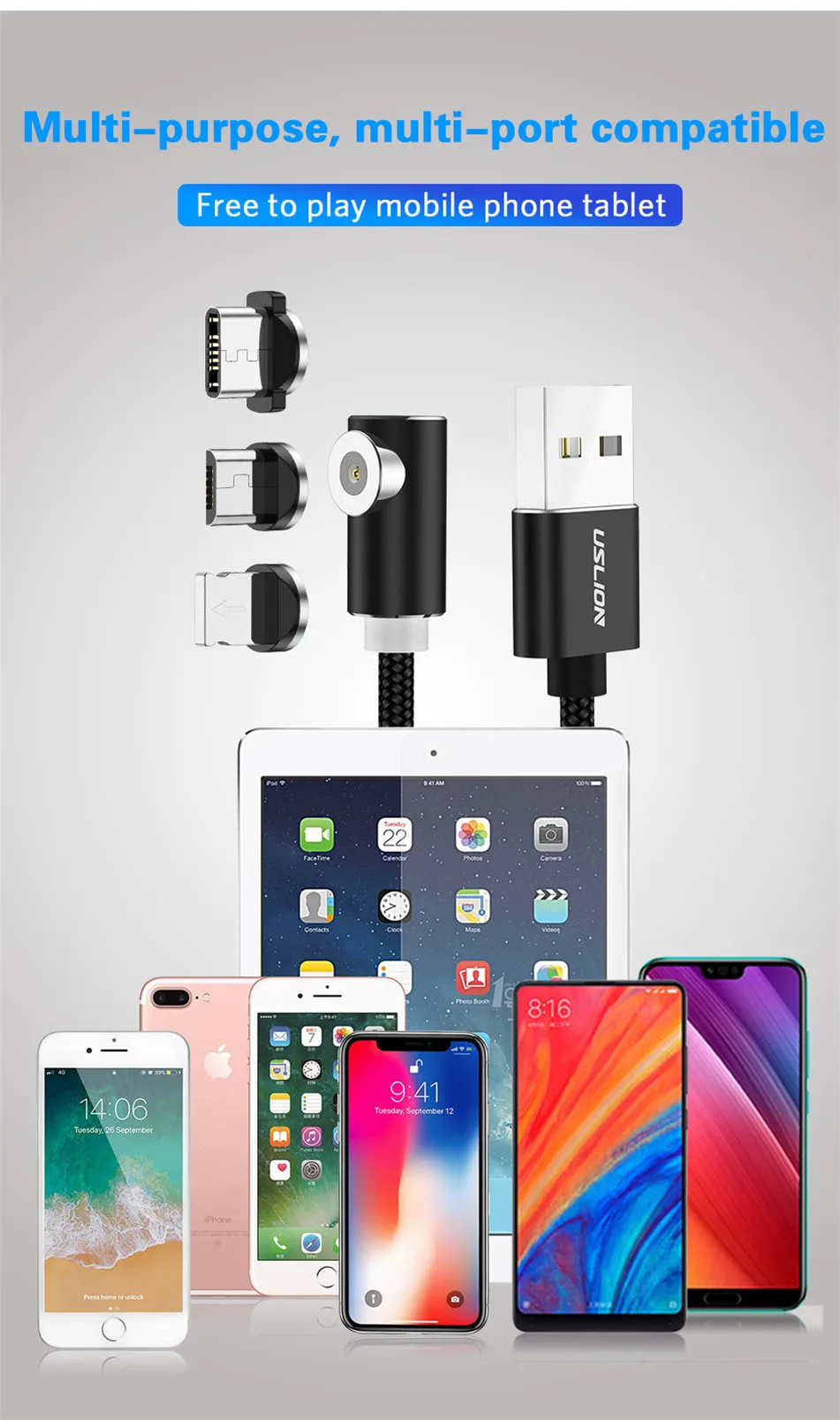 USLION 2 м Быстрый Магнитный кабель type C Micro usb для зарядки iPhone X, XR, 8, 7, samsung, S10, huawei, магнитный кабель для зарядки телефона