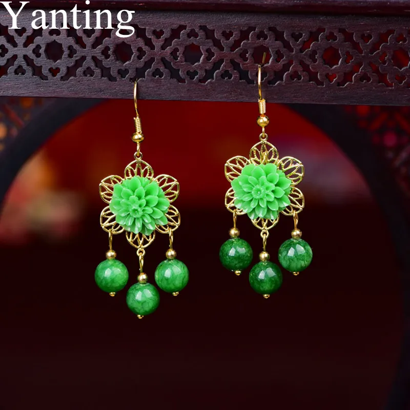 

Yanting Handmade Ethnic Earrings Resin Flower Green Stone Earrings For Women Girls Simple Design Brincos Women Earring Gift 0429