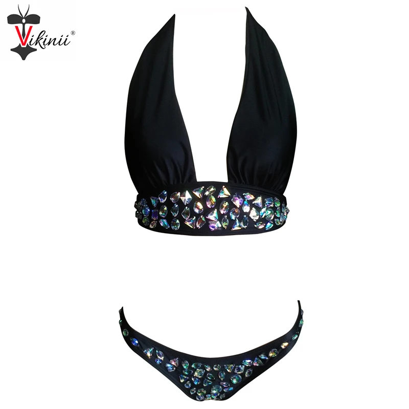 

2016 Sexy Women Bikini Set Bandage High Neck Rhinestone Swimsuit Diamond Luxury Swimwear Women Crystal Bodysuit Bathing Suit