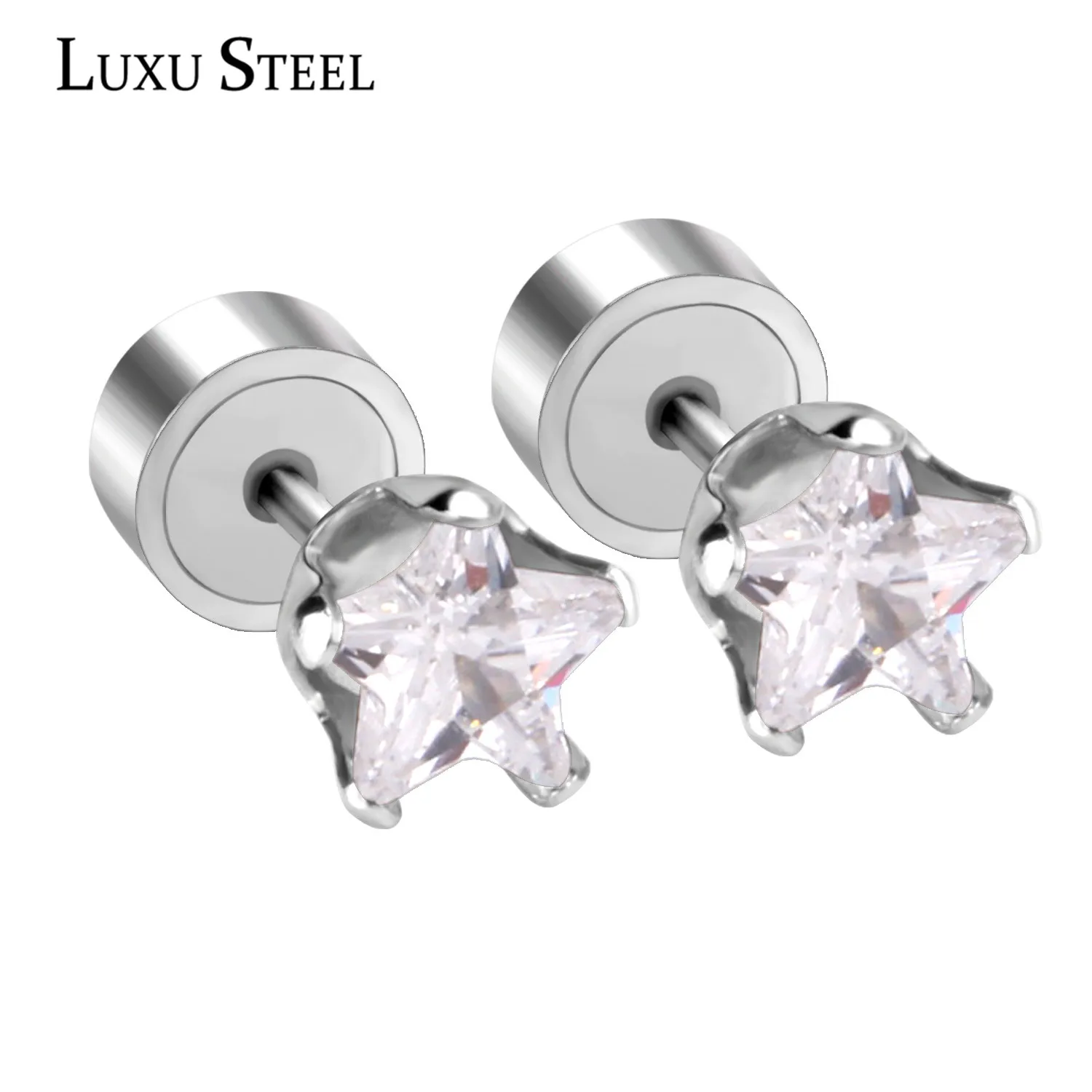 

LUXUSTEEEL Star Shape Silver Earrings Stainless Steel Cubic Zirconia Size 3mm/4mm/5mm Surgical Stud Earring For Women/Girl