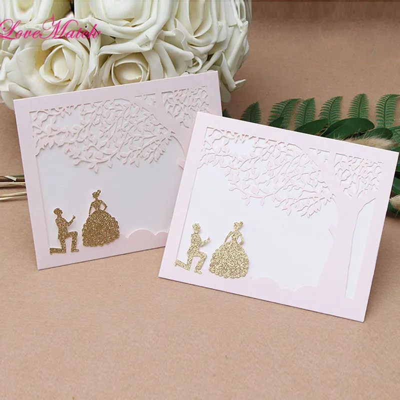 

5sets Romantic Light Pink Glitter Groom Proposes Bride Laser Cut Invitation Cards Kits for Wedding Party Supplies