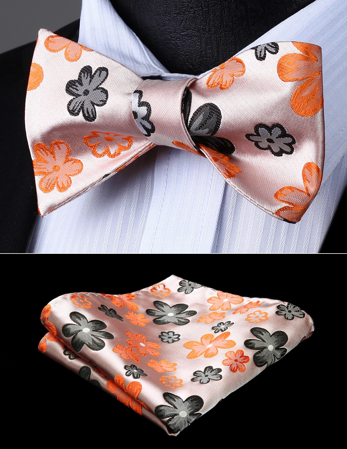 Bow Tie handkerchief set Men Woven Party Wedding Beige Black Floral