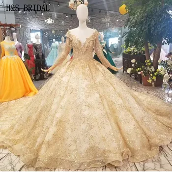 شراءفساتين زفاف فاخرة ذهبية اللون من H & S بأكمام طويلة مطرزة بالخرز فساتين زفاف عربية Vestido De Novia Robe De Soiree