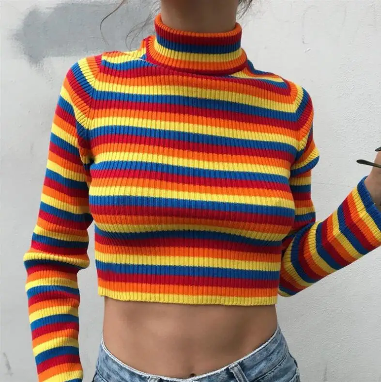 

Autumn Long Sleeve Stripe Slim Knit Turtleneck Sweater