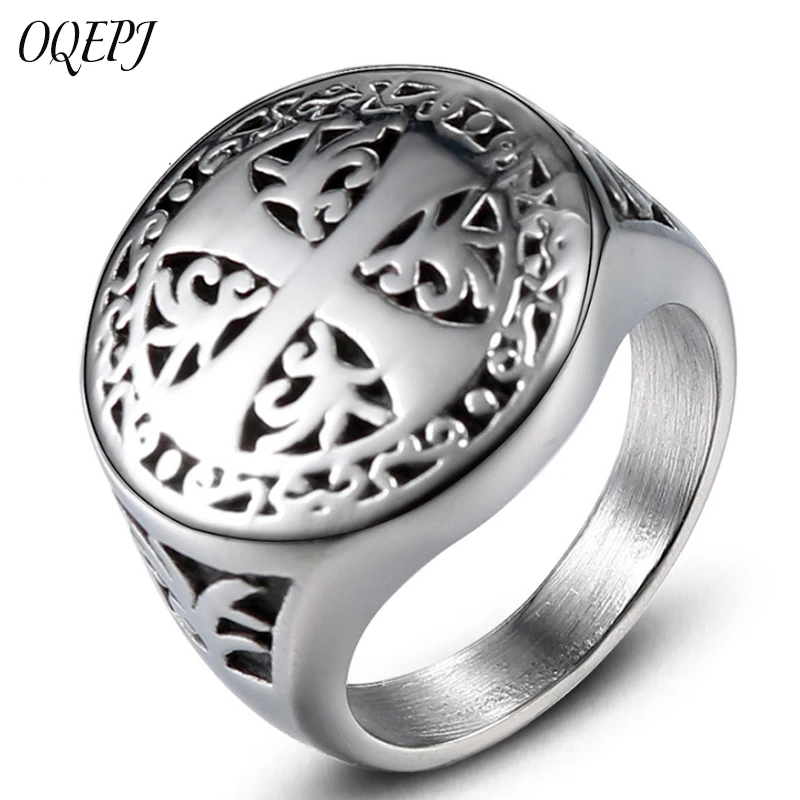 

OQEPJ Trendy Cross Signet Round Rings 316L Stainless Steel High Quality Ring Male EuropeanBeliever Missionary Charm Jewelry Gift