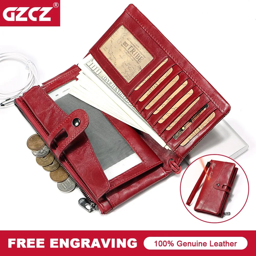 

GZCZ Genuine Leather Wallet for Women Female RFID Blocking Wallets Big Travel Zipper Women's Purse Ladies Long Phone Holder
