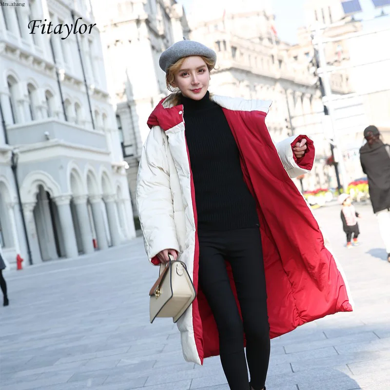 

Fitaylor Winter Women Down Jacket Double Side Beige Red Hooded Parkas Long Snow Outwear Overcoat White Duck Down Warm Coats