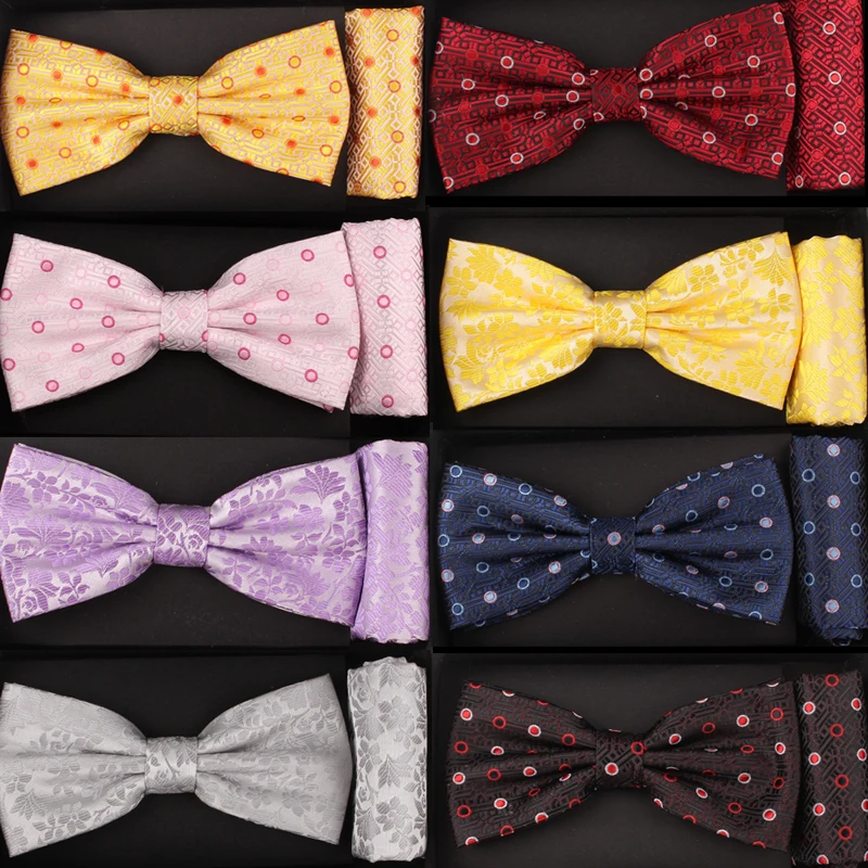 

New Classic Silk Bow ties and Pocket Square Set For Men Neckwear Adjustable Mens Bowtie and Hanky Sets Dots Suits Bowties