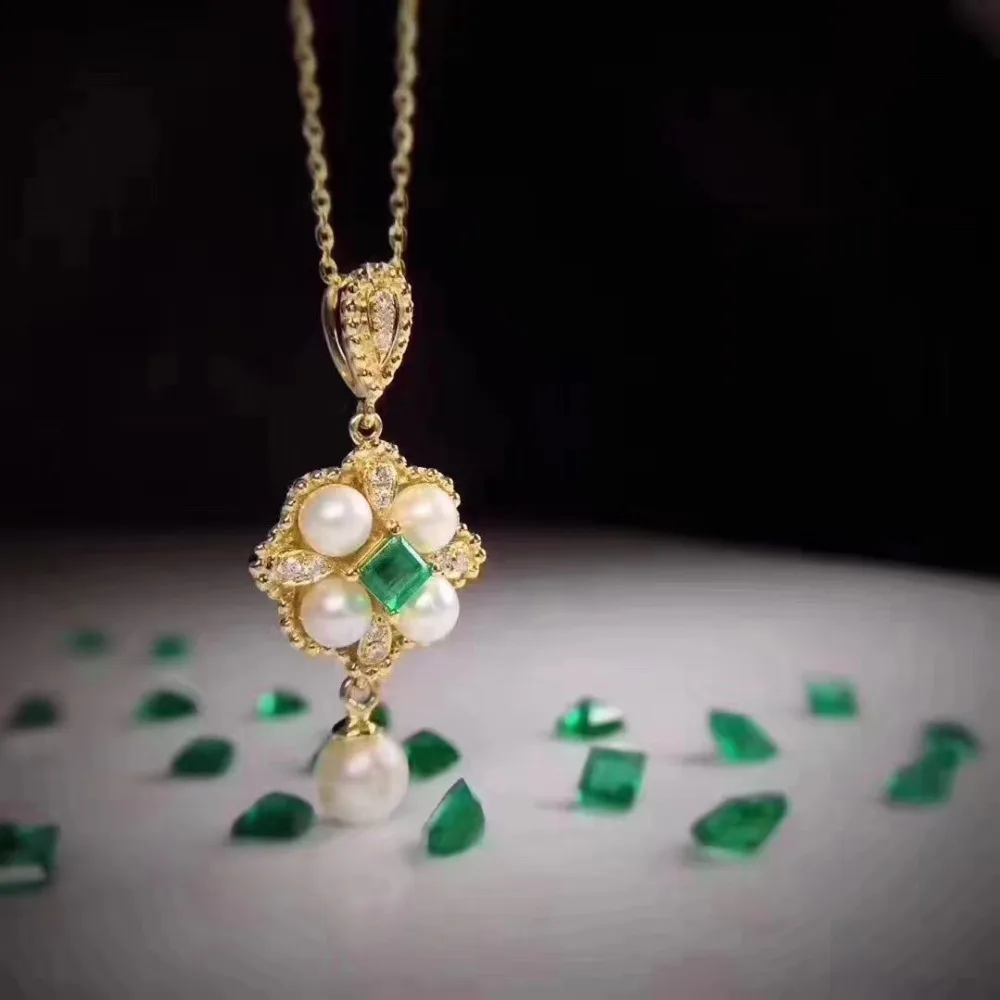 Кулон из серебра 925 пробы с натуральным зеленым Изумрудом и жемчугом|jewelry necklace