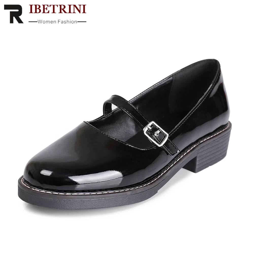

RIBETRINI Women New Mary Jane Shoes Woman Buckle Up Loafers Patent PU Leather Oxfords Casual Dress Platform Flats Big Size 34-43