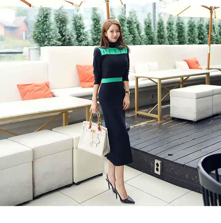 

High Quality 2019 Autumn Mid-Calf Knitted Cloth Women Long Sleeve Bodycon Colorful Striped Sexy Sheath Daily Sweater Dress