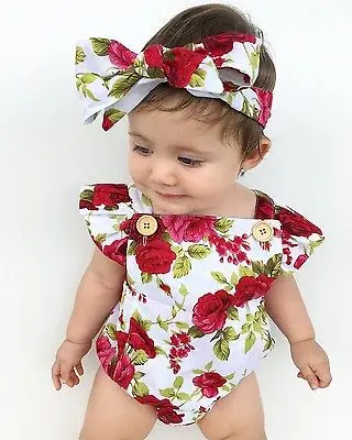 2017 Hot Sale Newborn Baby Girls Clothes Flower Jumpsuit Romper + Headband Outfits